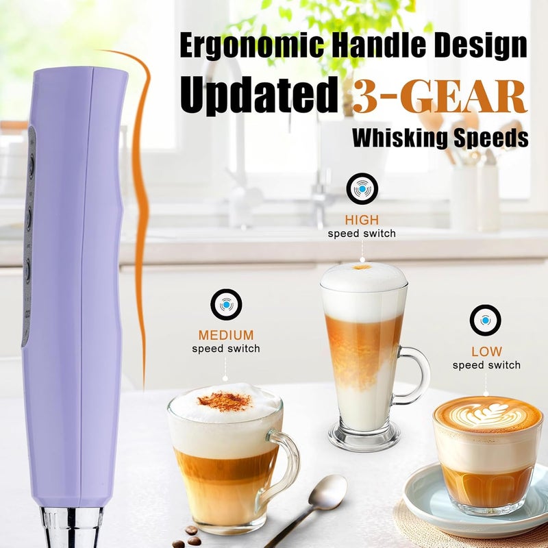 Nahida Light Purple Milk Frother Wand for Coffee, Frother Handheld Rechargeable Electric Whisk with 3 Heads 3 Speeds Drink Mixer Coffee Frother Foam Maker For Latte, Cappuccino, Hot Chocolate, Egg - Image 3